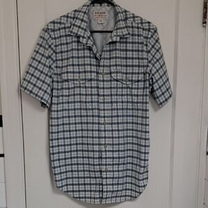FILSON Twin Lakes Shirt Sky Navy Gold Plaid Short Sleeve Fishing Hiking Medium